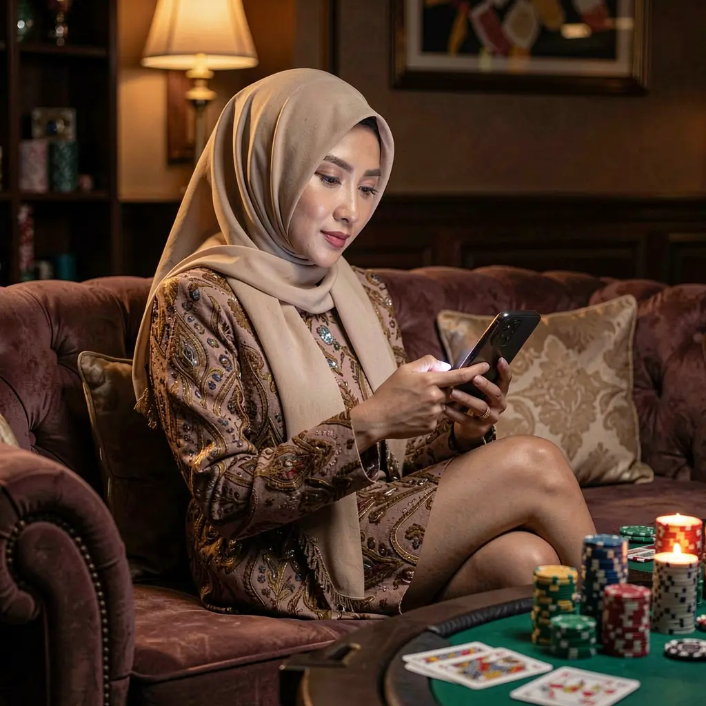LAJUONG44 App – Experience immersive mobile casino entertainment in Malaysia Elegant Malaysian woman relaxing on a sofa while using the LAJUONG44 casino app with glowing chips and cards creating a premium gaming mood