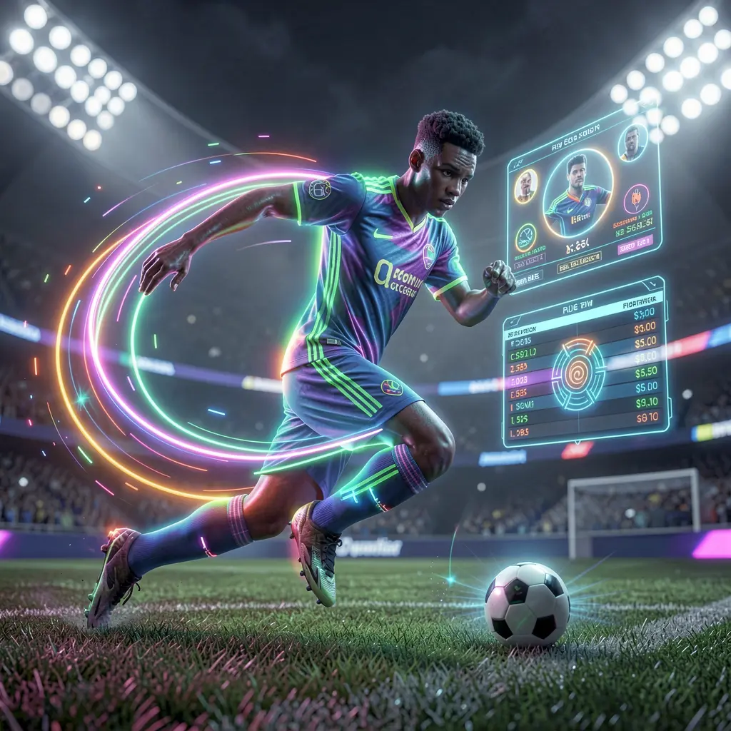 LAJUONG44 – Experience next level football betting in Malaysia Futuristic soccer player running with the ball inside a high tech stadium with digital betting options displayed by LAJUONG44