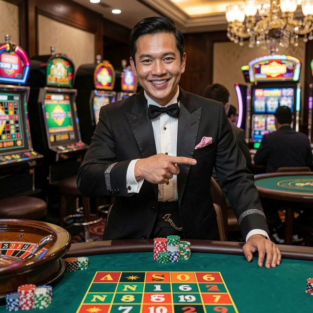 LAJUONG44 Login – Secure and smooth access to your casino account in Malaysia Friendly LAJUONG44 casino ambassador smiling and pointing forward with roulette wheels and slot machines behind him welcoming Malaysian players to log in