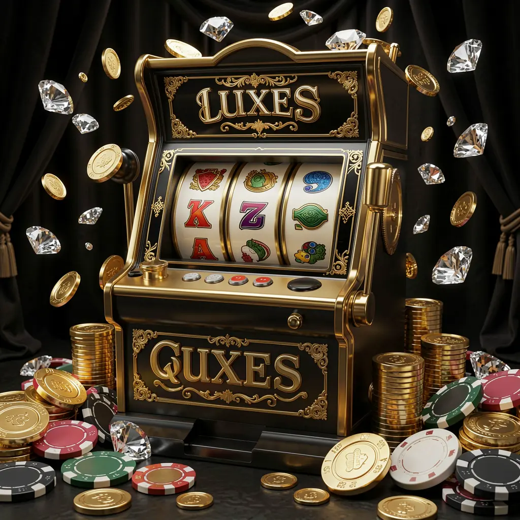 Premium slot machine with red reels and golden accents among scattered coins symbolizing big wins and luxury gaming at LAJUONG44 Malaysia
